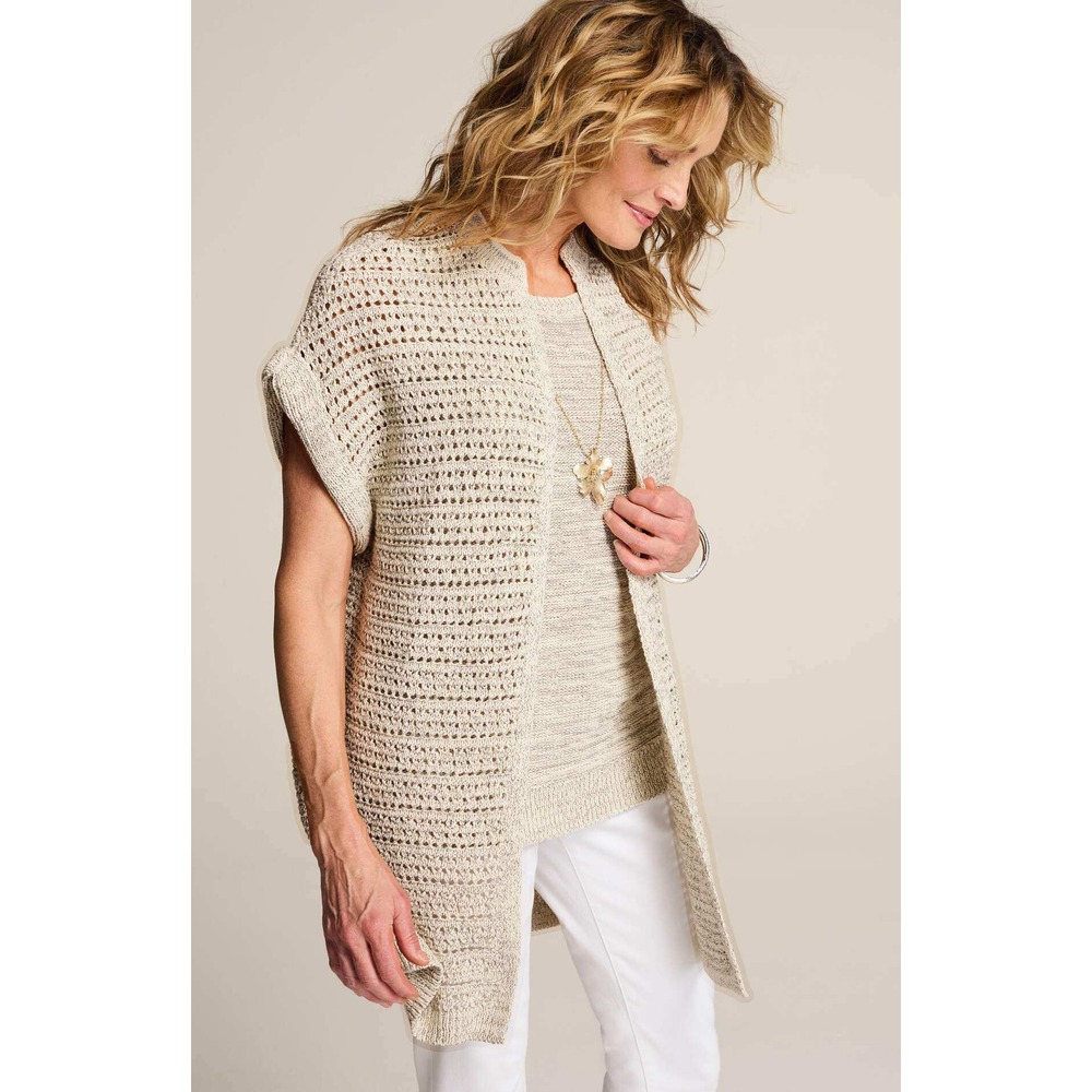 J. Jill Tweed Texture Gilet in Oatmeal Marl Open Knit Crochet Cardigan Vest XS